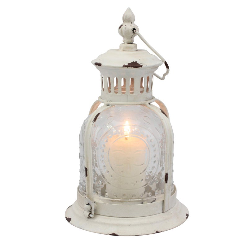 Stonebriar CKK Industrial LTD Stonebriar Antique Worn White Metal Candle Lantern, Use As Decoration for Birthday Parties, a Rustic Wedding Centerpiece, or Create a Relaxing Spa Setting, For Indoor or Outdoor Use - Image 1